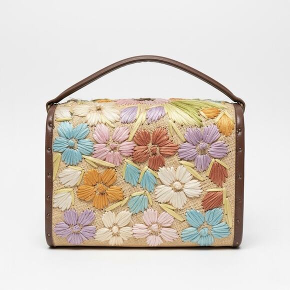 Vintage Raffia Floral Handbag Made in Philippines Wood Sides 60s 70s Boho - Picture 2 of 4